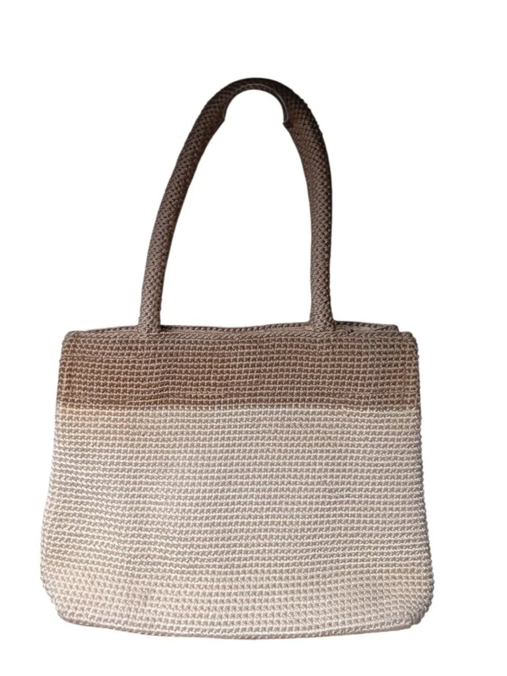 Classic The Sak Crochet Tote 2-Tone Neutral Tan Woven Purse Magnetic Snap w/ Fob